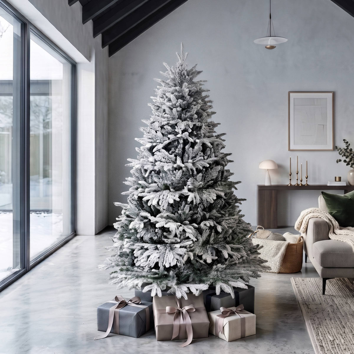 Full Christmas tree, snowy green, unlit