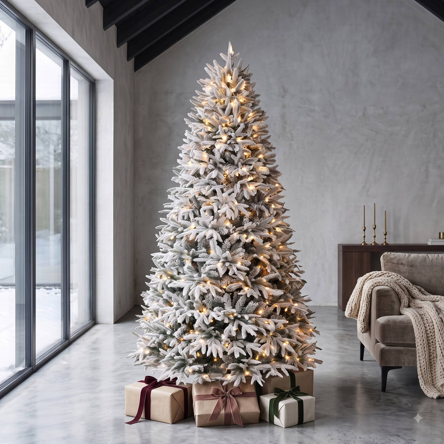 Pre-Lit Full Christmas Tree, Snowy Green with Warm White Lights